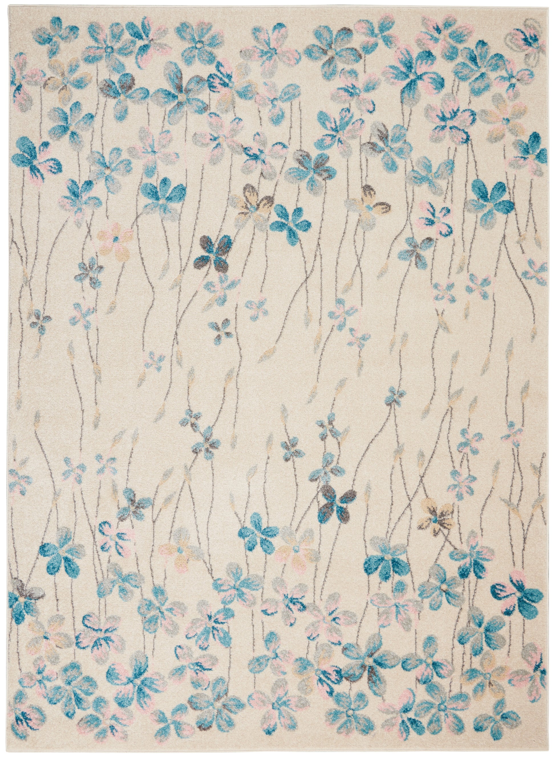 Cream rectangular rug with blue and pink watercolor florals on slender stems, botanical design.