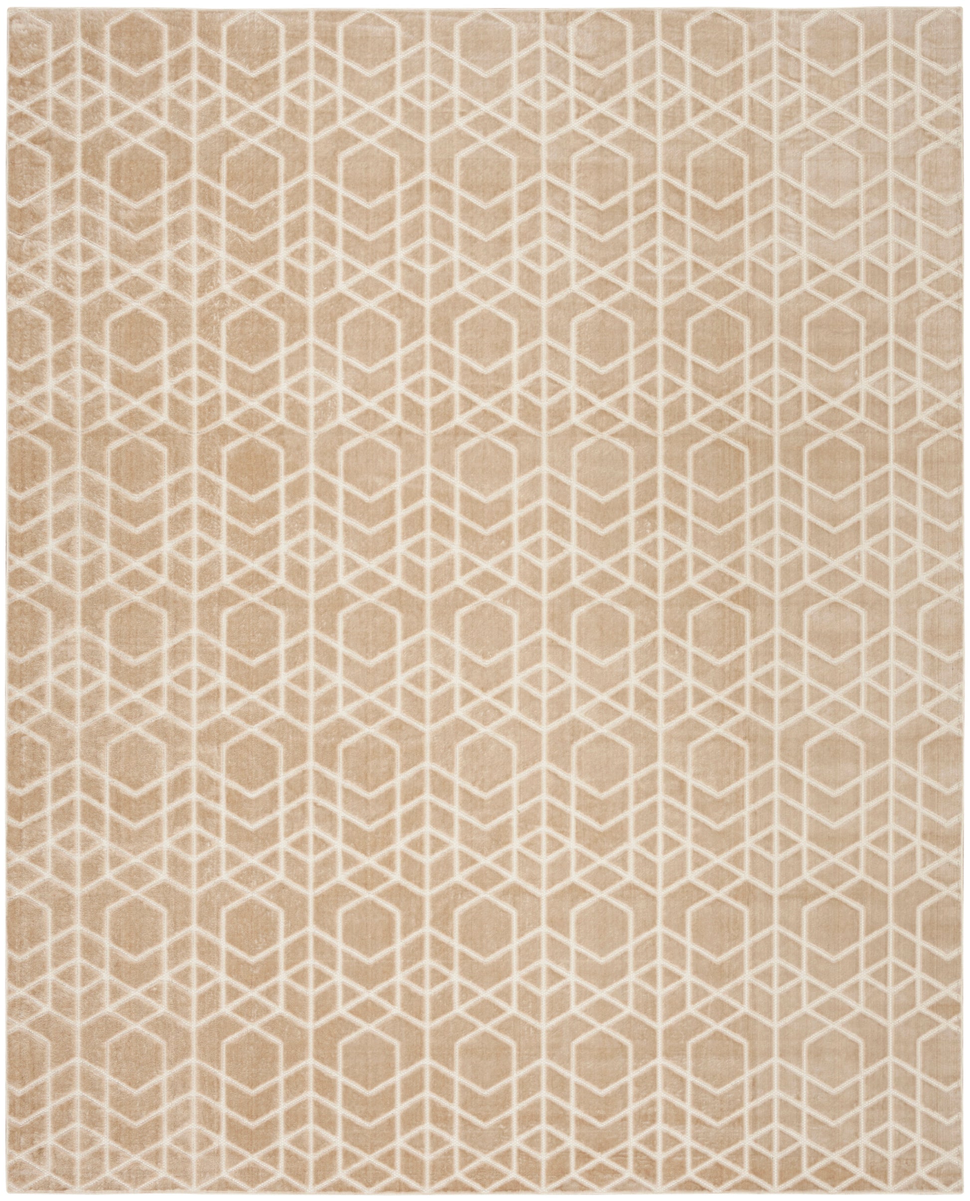 Beige rug with white geometric cube lattice pattern for a modern, neutral look.