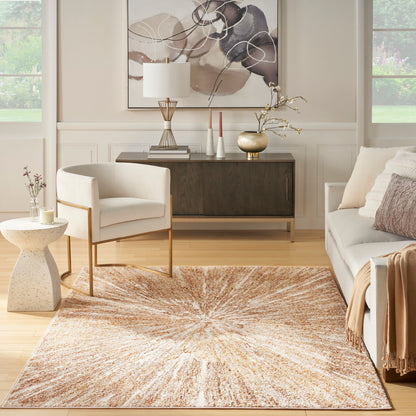 Neutral living room with sunburst beige rug, cream armchair, grey sofa, dark wood credenza, abstract art, gold vase.