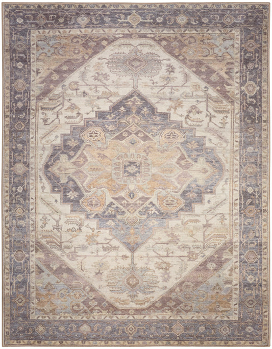 Vintage 10' x 13' oriental-inspired rug with ivory field, a large central medallion in blue and gold, surrounded by a muted blue-taupe border.