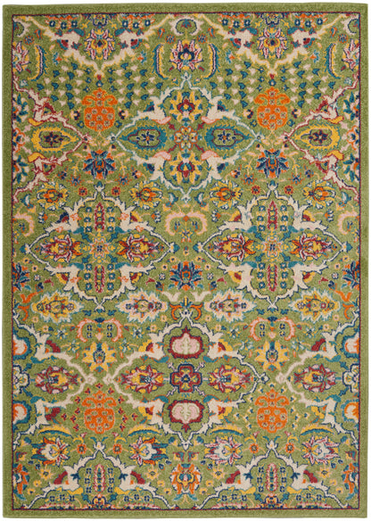 Colorful Persian-style area rug with green field and intricate floral arabesque motifs in orange, blue, cream; rectangular woven rug.