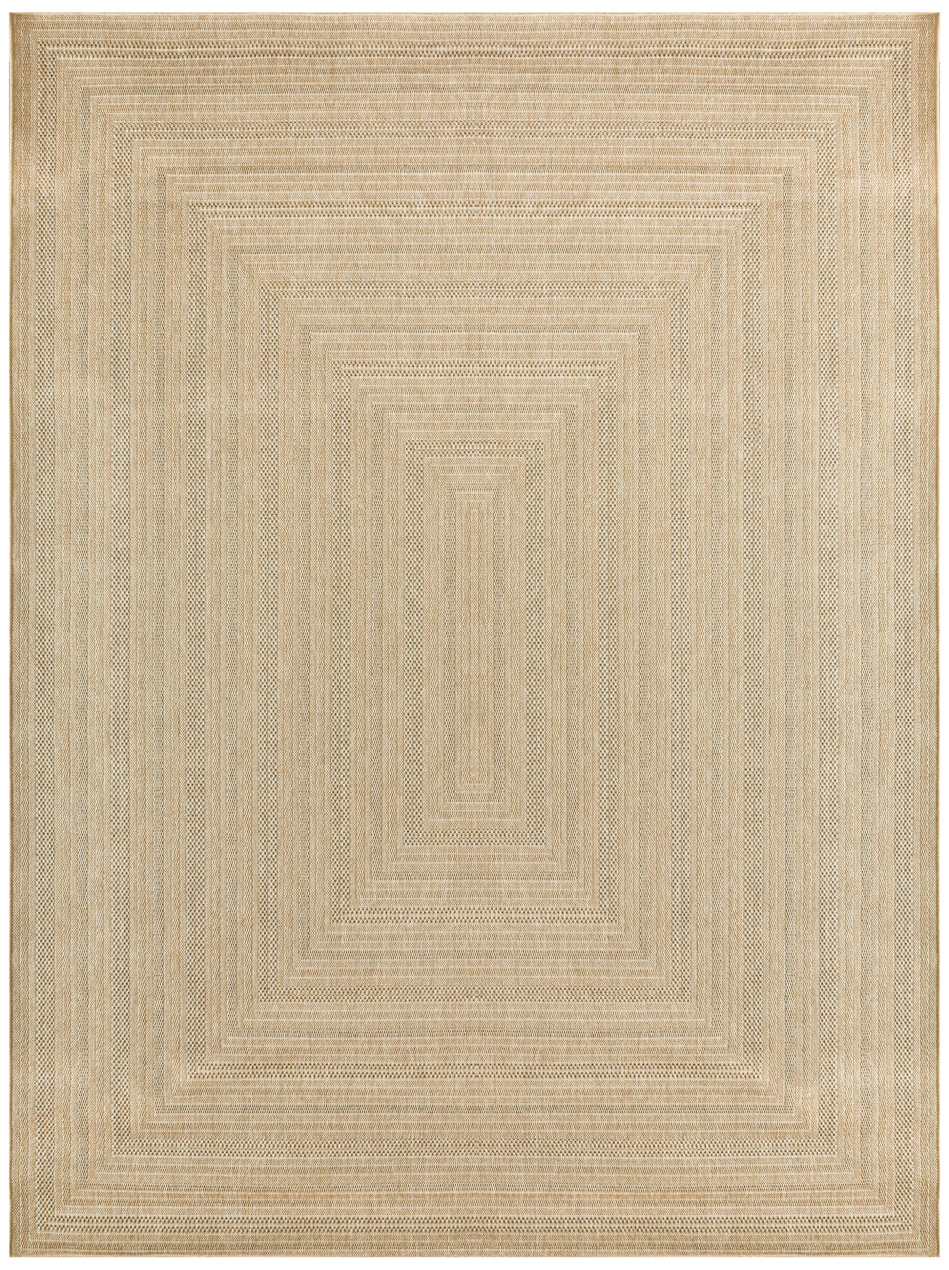Natural beige flat-weave jute rug with concentric stepped rectangle pattern; warm modern décor.