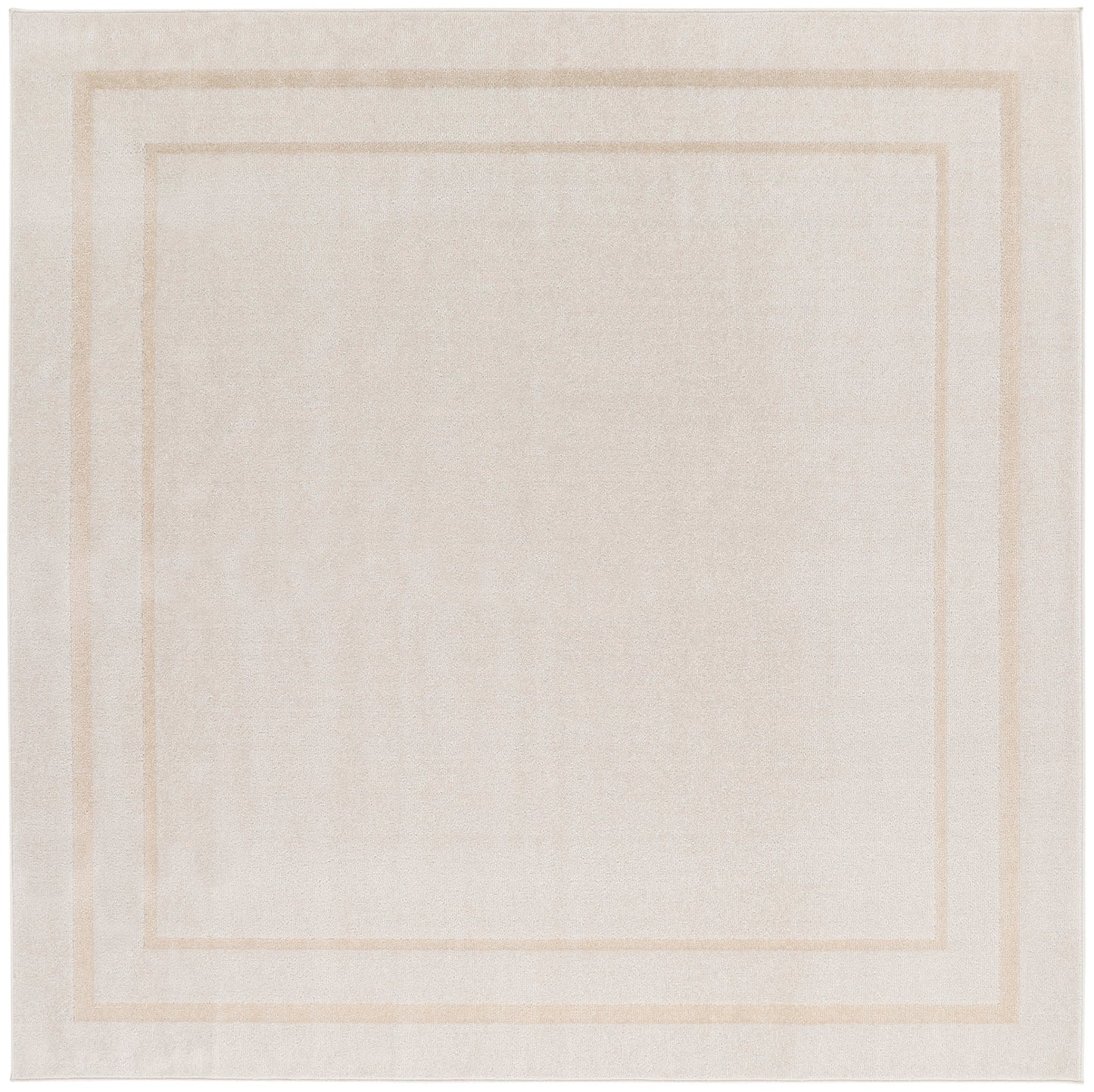 Cream flatweave rug with double square beige borders; minimalist neutral design.