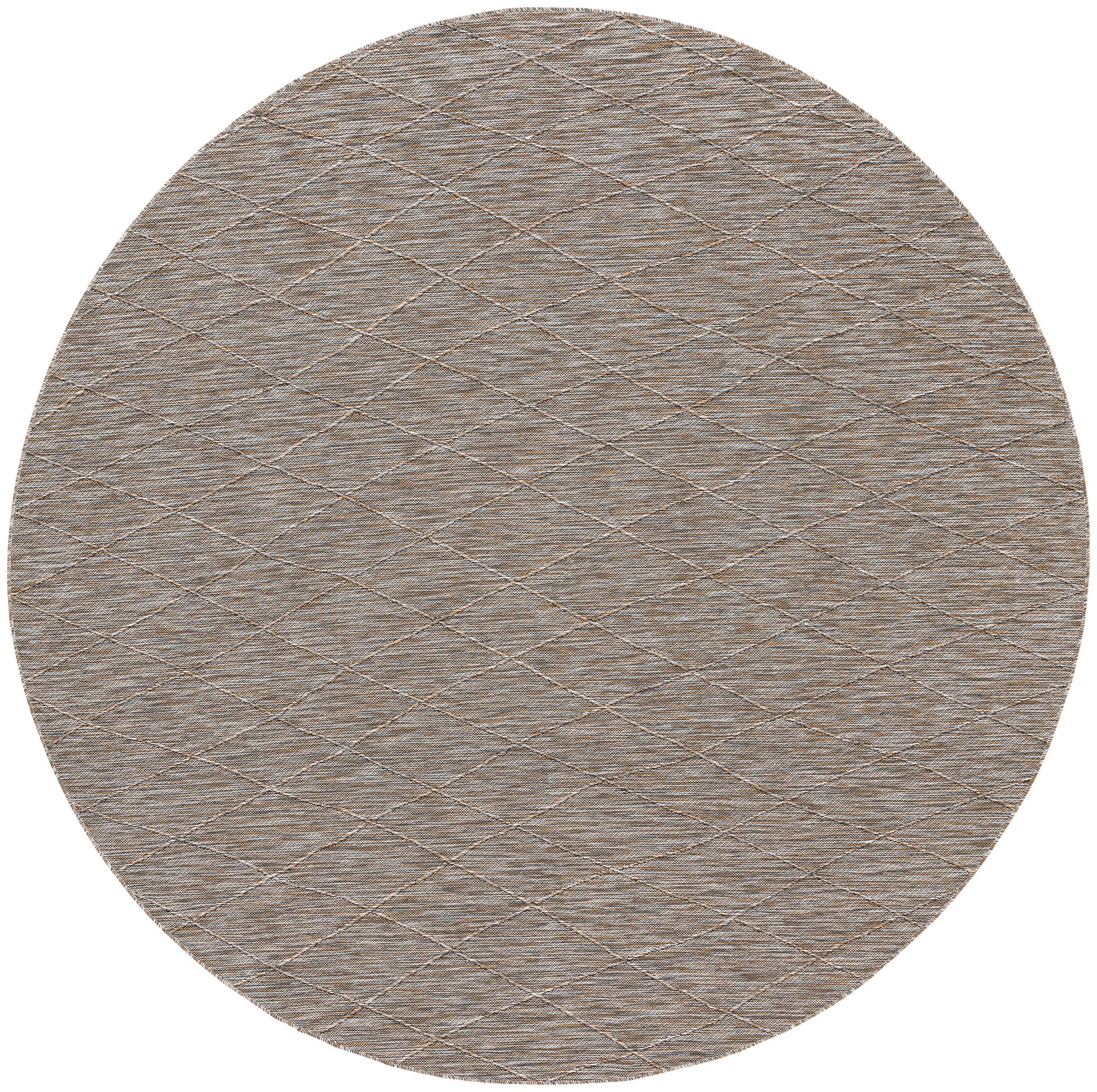 Round taupe rug with textured woven surface and diagonal crosshatch pattern.