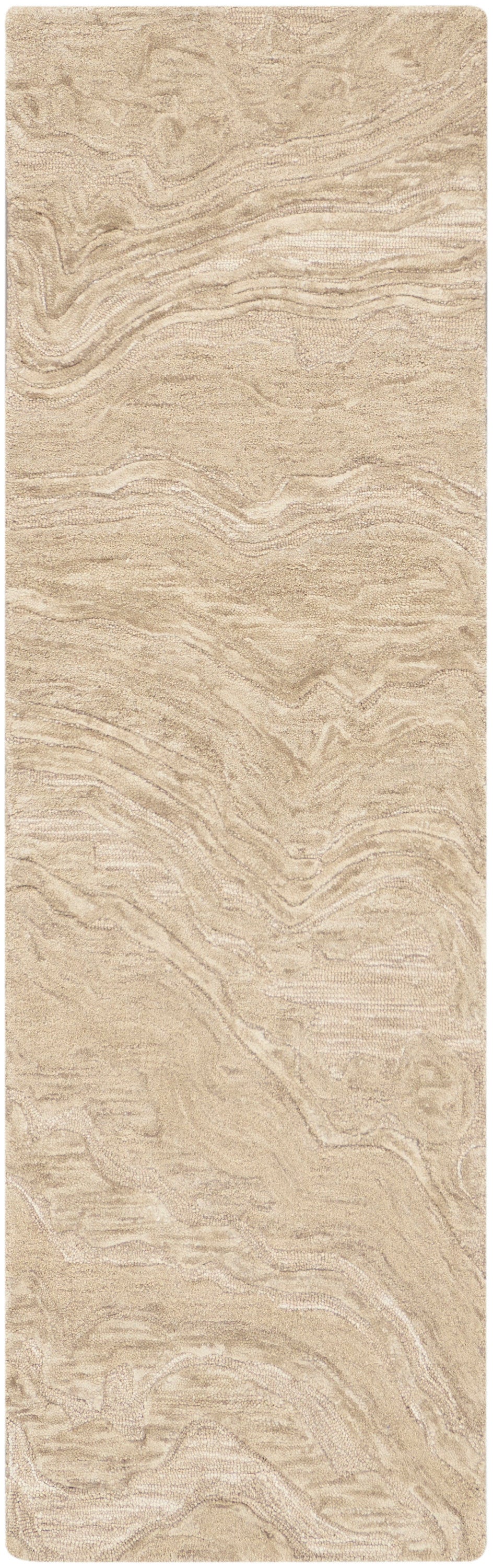 Beige rectangular rug runner with rounded corners, soft plush pile and marble-like wavy pattern.