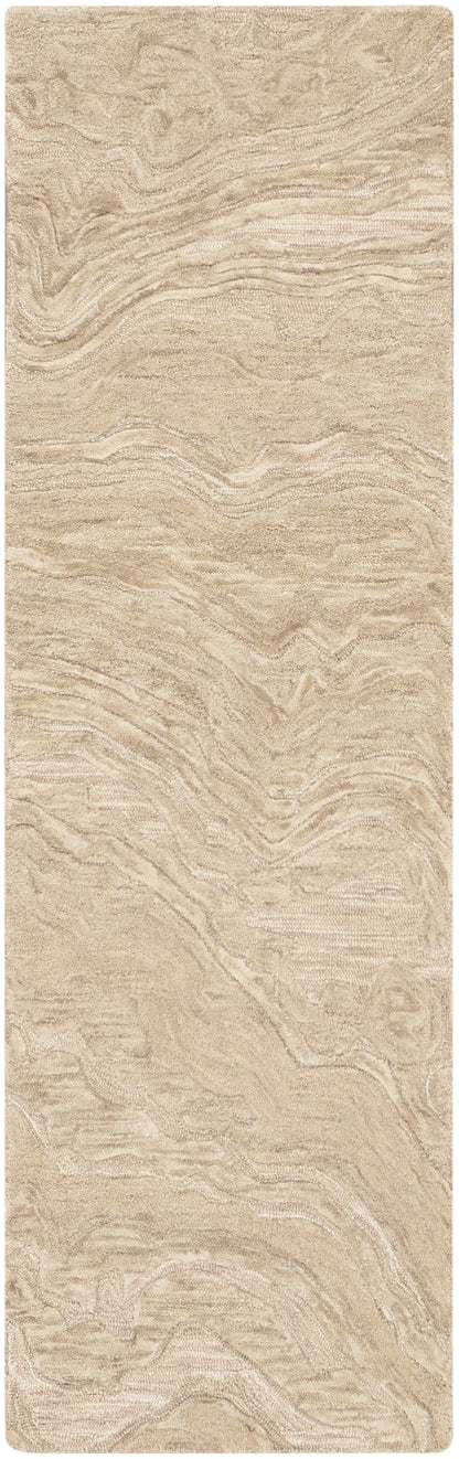 Beige rectangular rug runner with rounded corners, soft plush pile and marble-like wavy pattern.