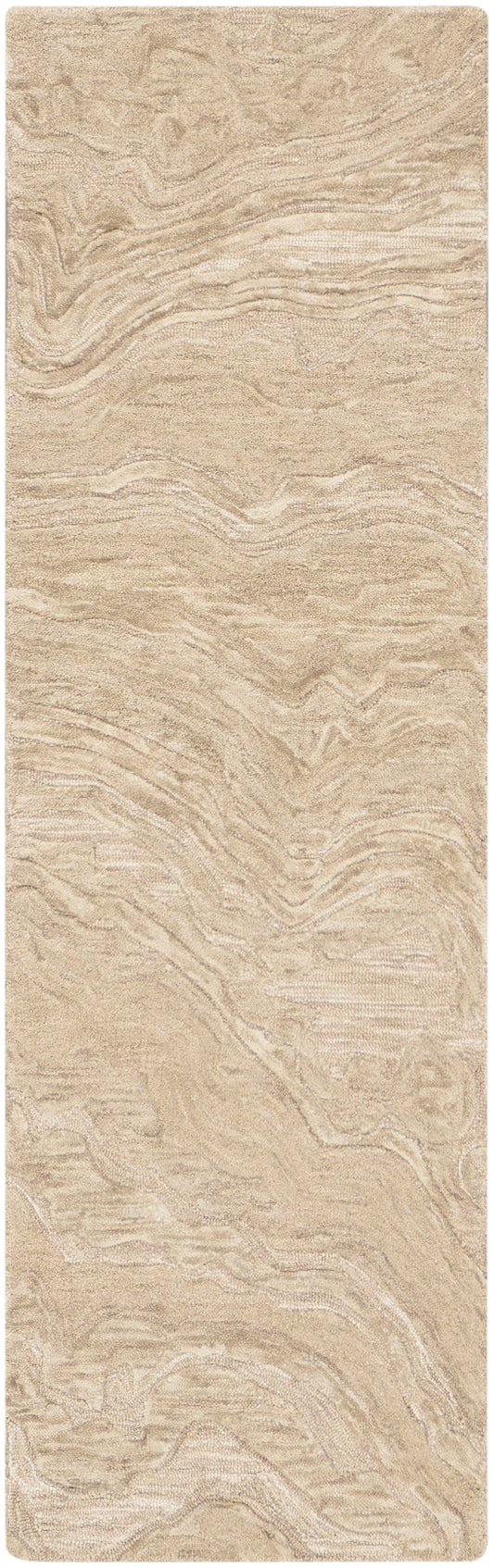 Beige rectangular rug runner with rounded corners, soft plush pile and marble-like wavy pattern.