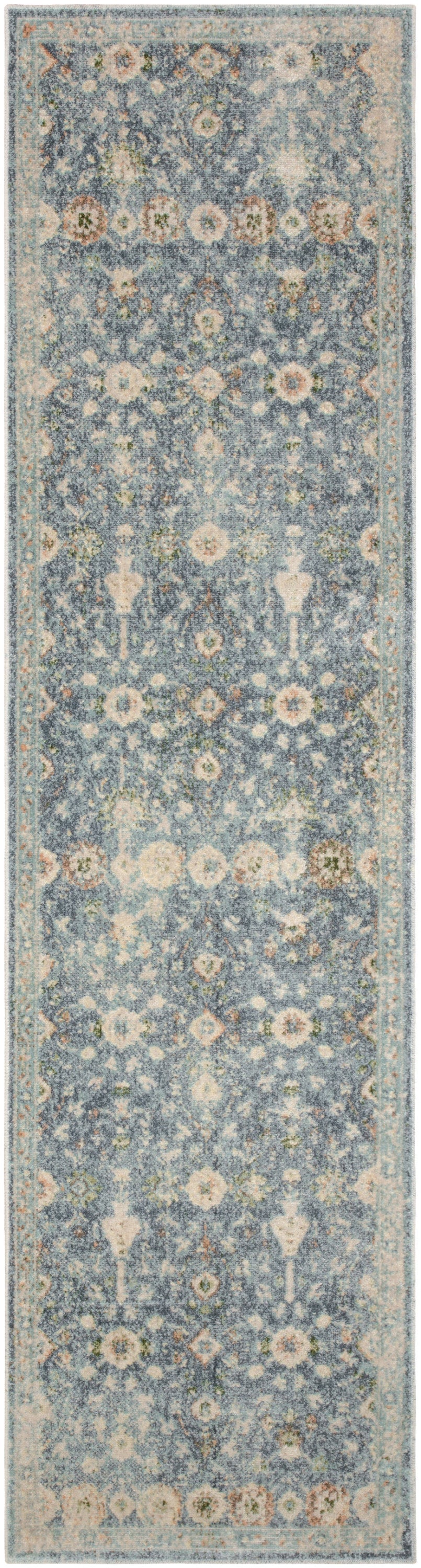 Blue-gray traditional floral runner rug with beige motifs; narrow rectangular hallway carpet.