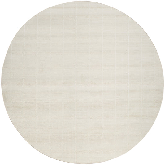 Beige circular rug with a pale grid pattern and woven texture.