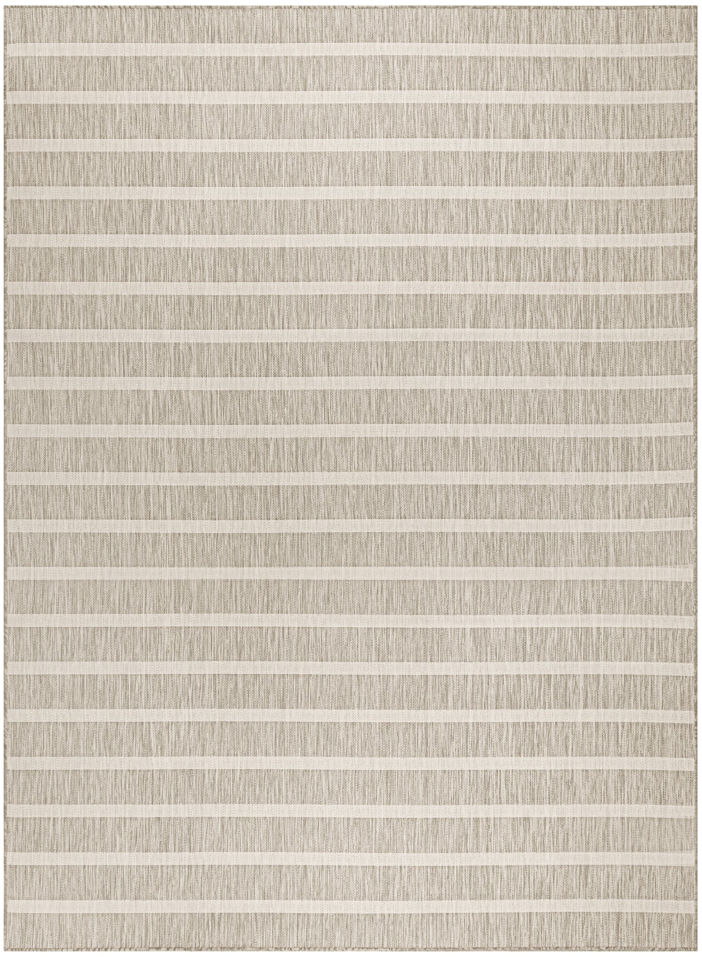 Rectangular beige woven rug with soft cream horizontal stripes; neutral, textured, casual living room decor.