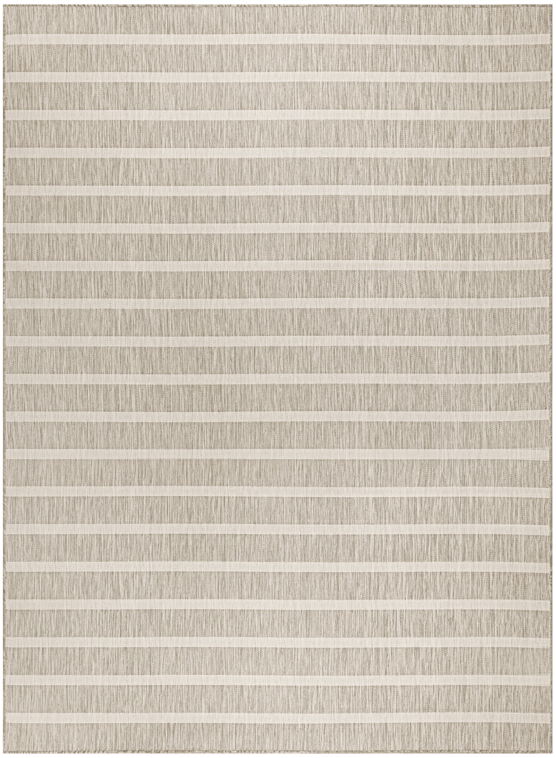 Rectangular beige woven rug with soft cream horizontal stripes; neutral, textured, casual living room decor.
