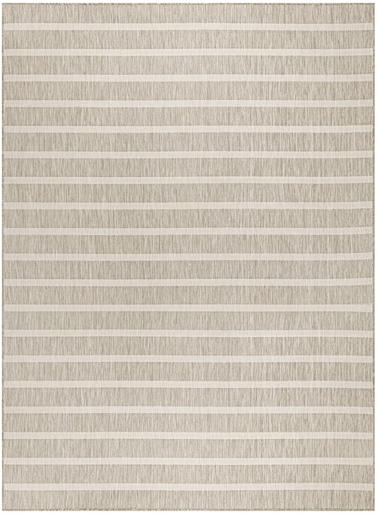Rectangular beige woven rug with soft cream horizontal stripes; neutral, textured, casual living room decor.