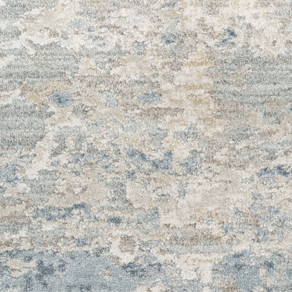 Blue, beige and gray distressed abstract woven area rug with a cloudy vintage pattern.