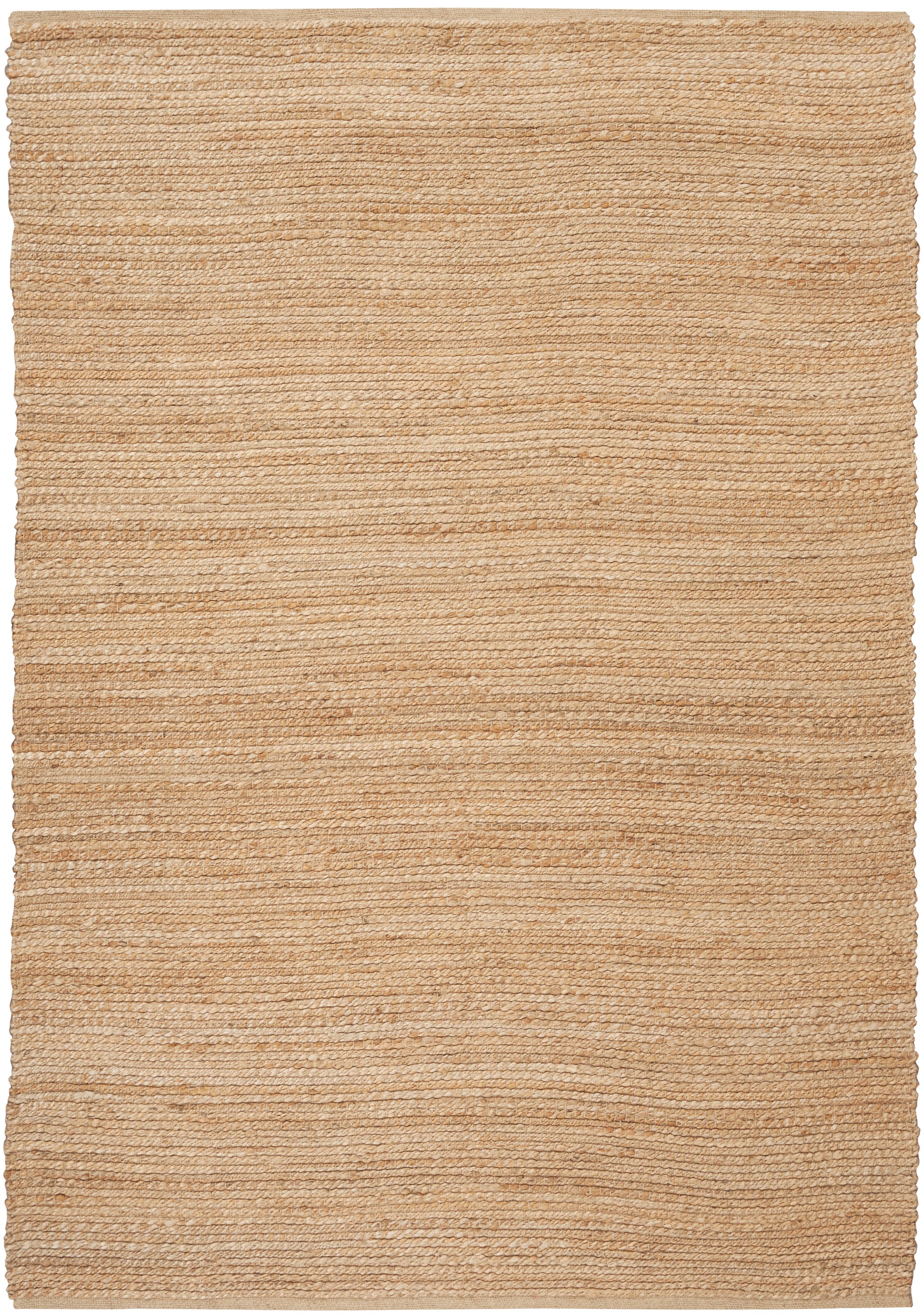 Rectangular natural beige woven jute rug with subtle horizontal ribbed texture.