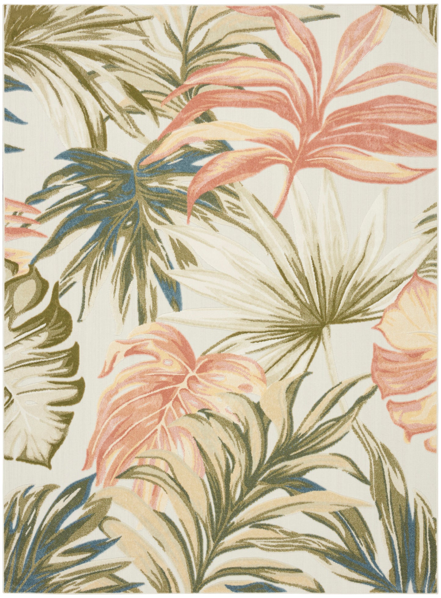 Tropical palm leaf print in pink, green and blue on cream background; botanical textile rug design.