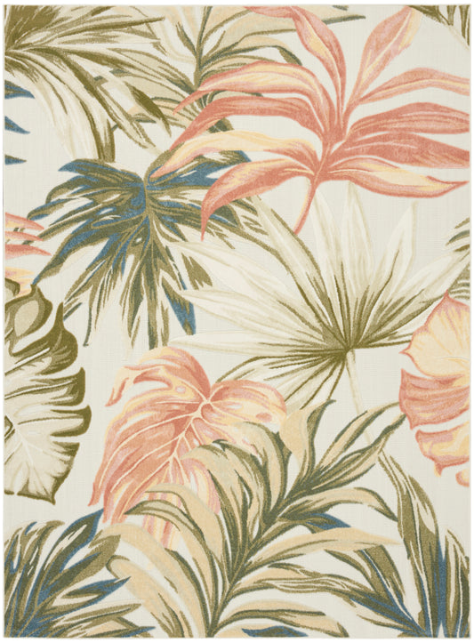 Tropical palm leaf print in pink, green and blue on cream background; botanical textile rug design.