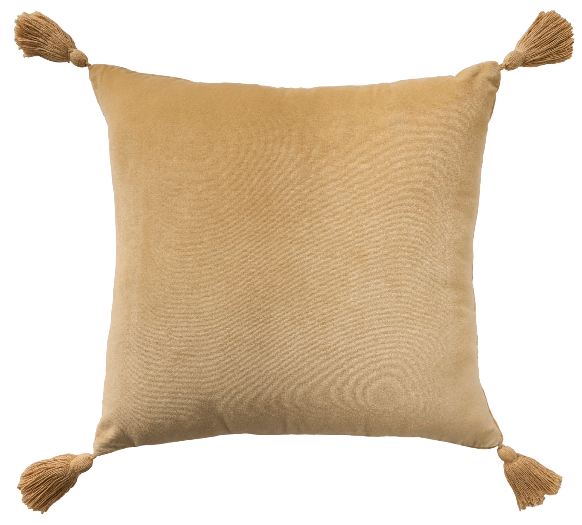 Golden-beige velvet square throw pillow with tassels on all four corners