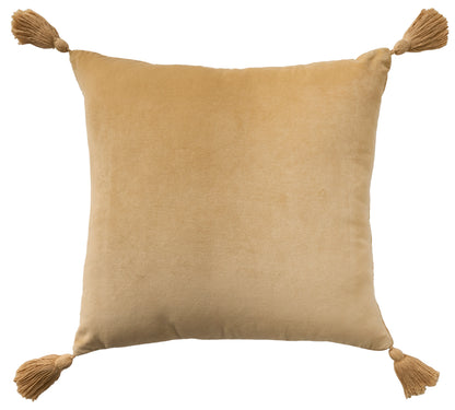 Golden-beige velvet square throw pillow with tassels on all four corners
