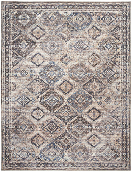 Rectangular oriental rug with blue, ivory and beige diamond lattice motifs and ornate borders; Persian-inspired area rug.