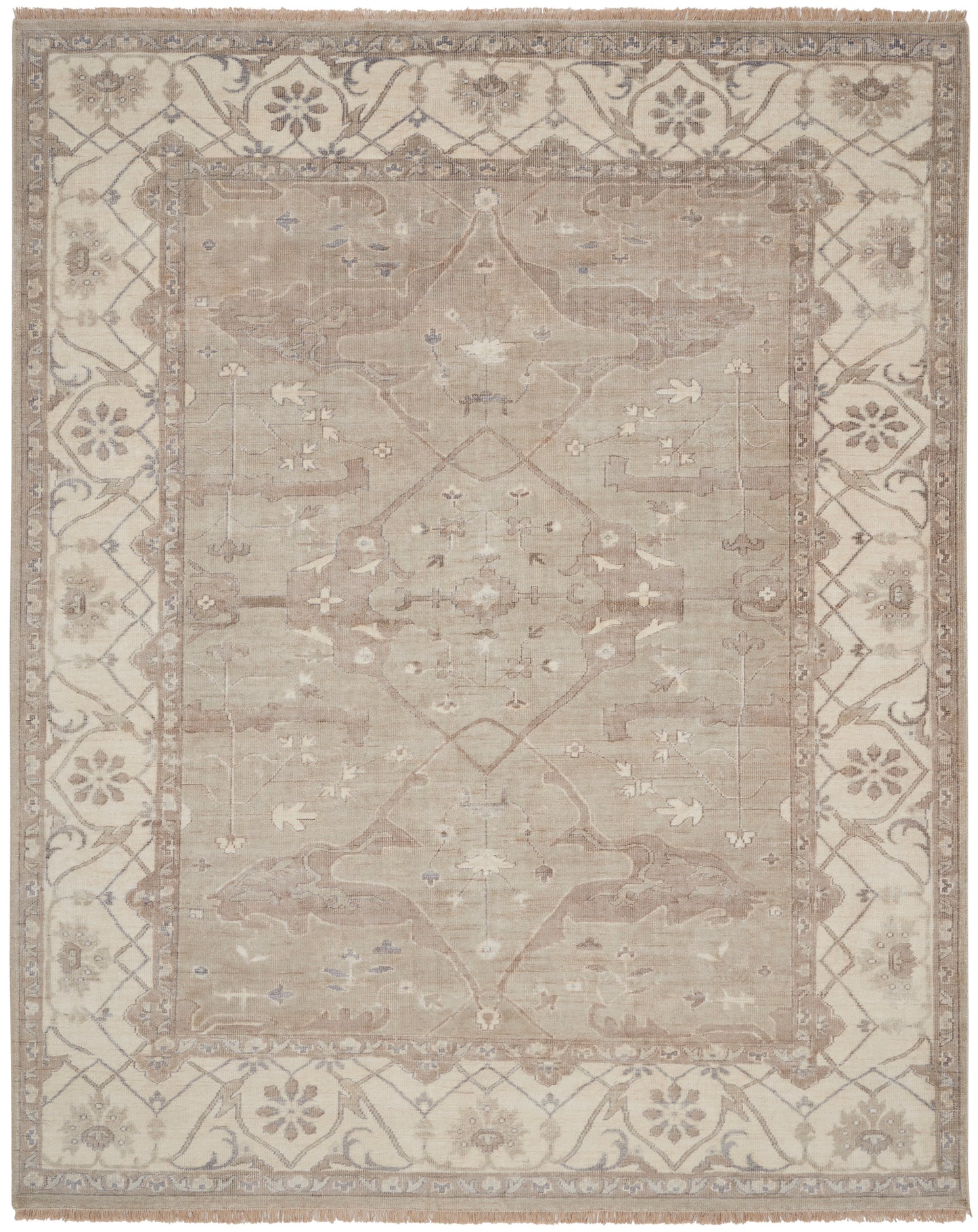 Beige distressed oriental area rug with central geometric medallion, ornate floral border, fringed edges.