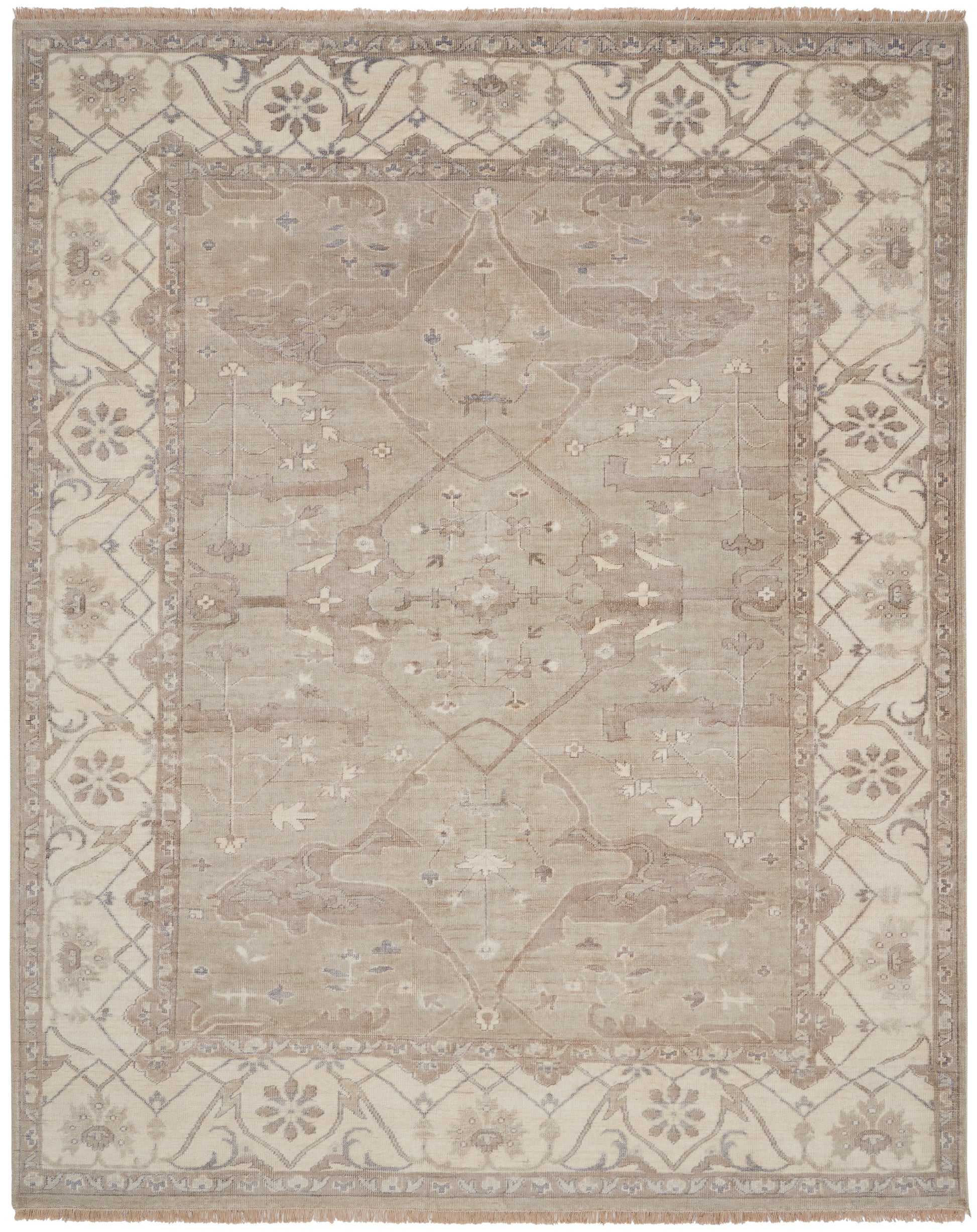 Beige distressed oriental area rug with central geometric medallion, ornate floral border, fringed edges.