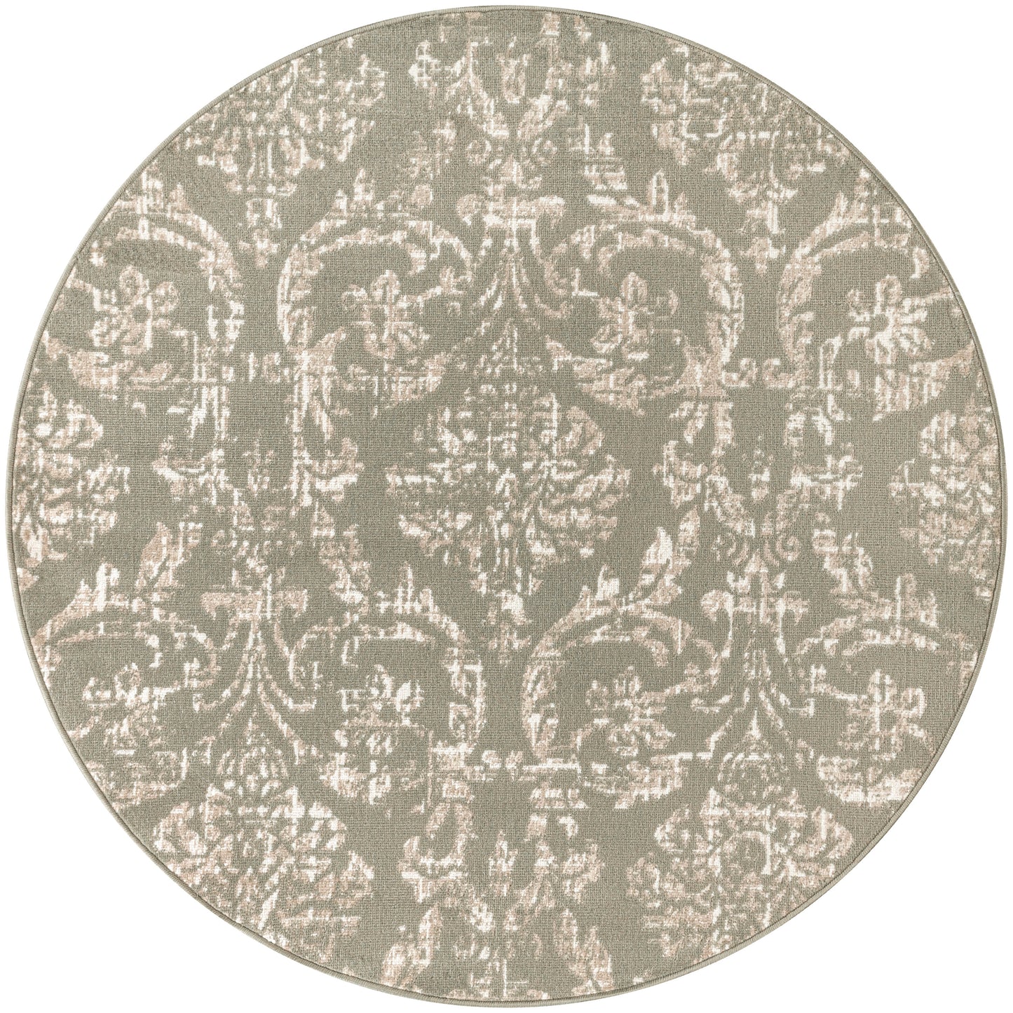 Round taupe rug with pale ivory damask pattern, woven decorative floor mat for living room or bedroom.