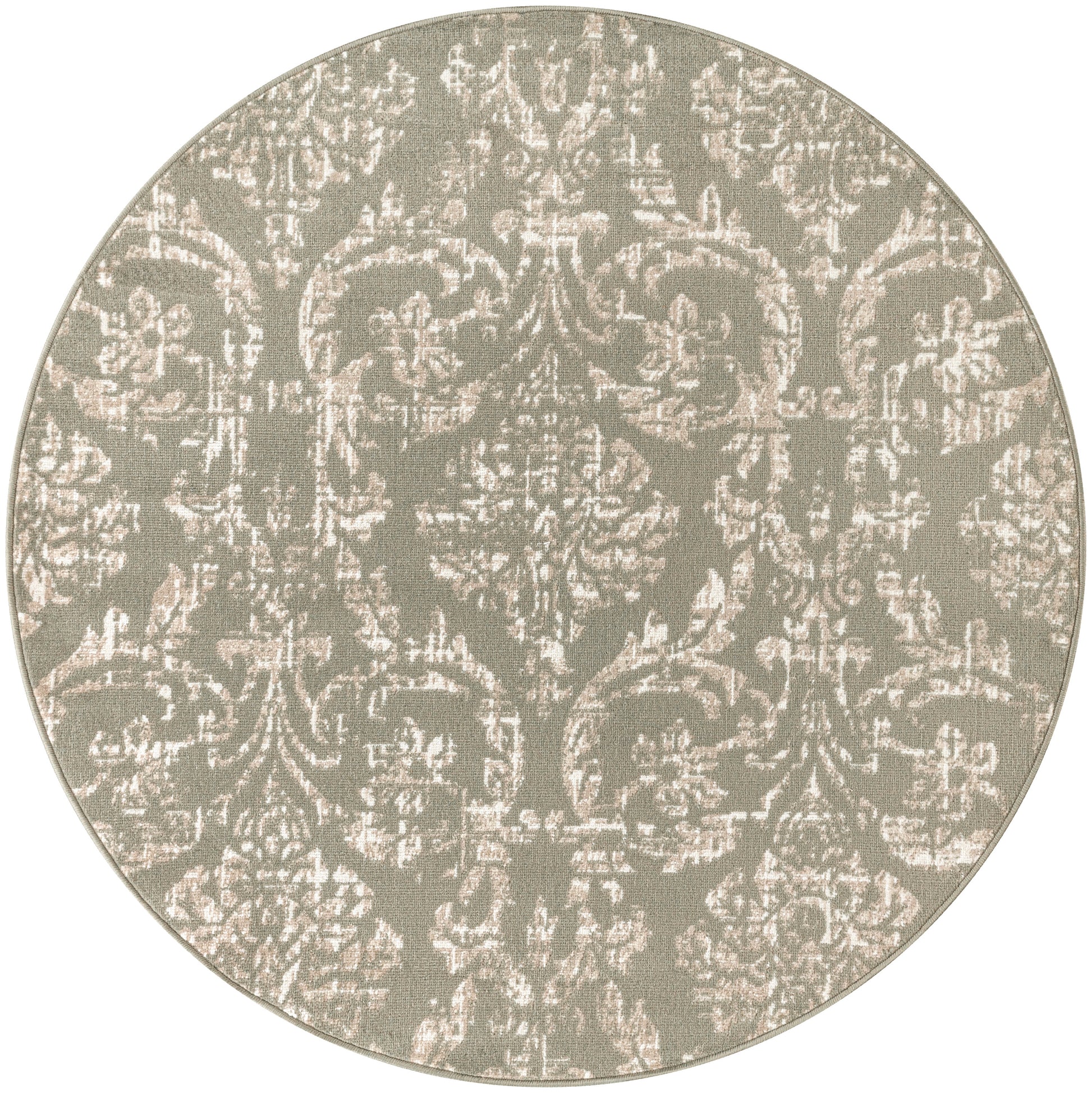 Round taupe rug with pale ivory damask pattern, woven decorative floor mat for living room or bedroom.