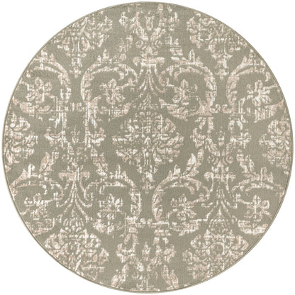 Round taupe rug with pale ivory damask pattern, woven decorative floor mat for living room or bedroom.