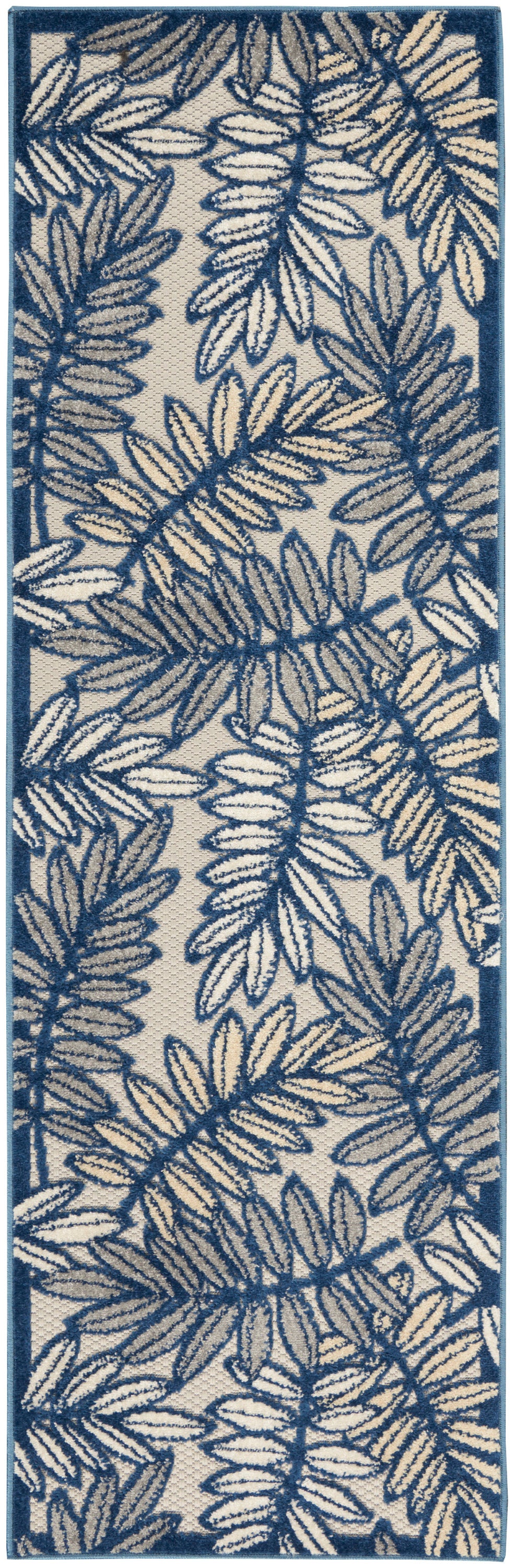 Navy blue botanical leaf runner rug on ivory background with a deep blue border.