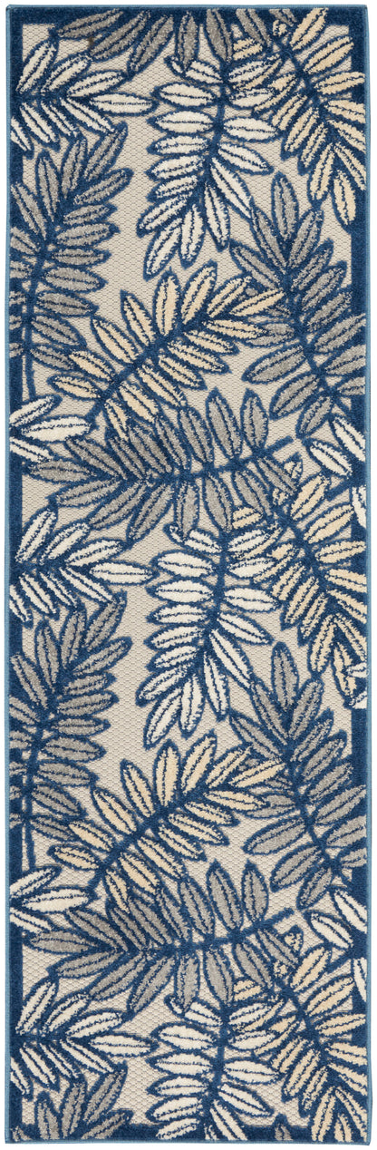Navy blue botanical leaf runner rug on ivory background with a deep blue border.