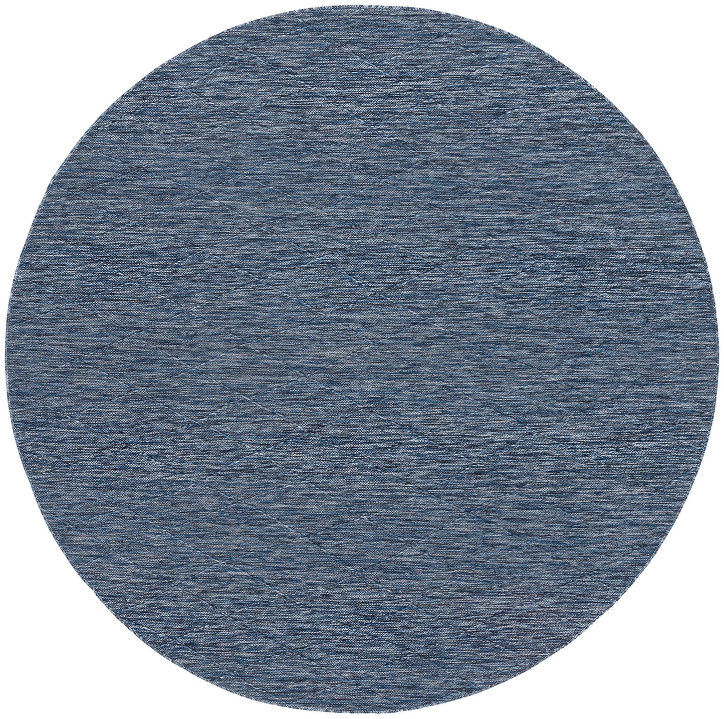 Round blue denim-textured rug with woven fabric look.