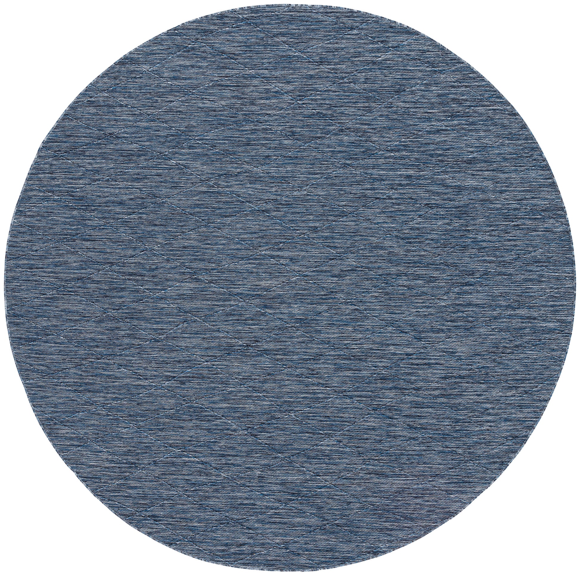 Round blue denim-textured rug with woven fabric look.