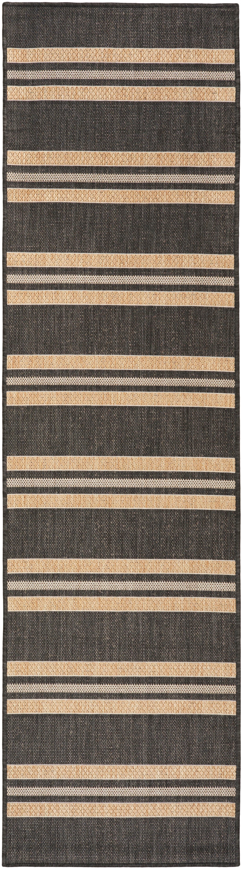 Long charcoal gray flat-weave rug with beige striped bands and woven texture, modern casual decor.