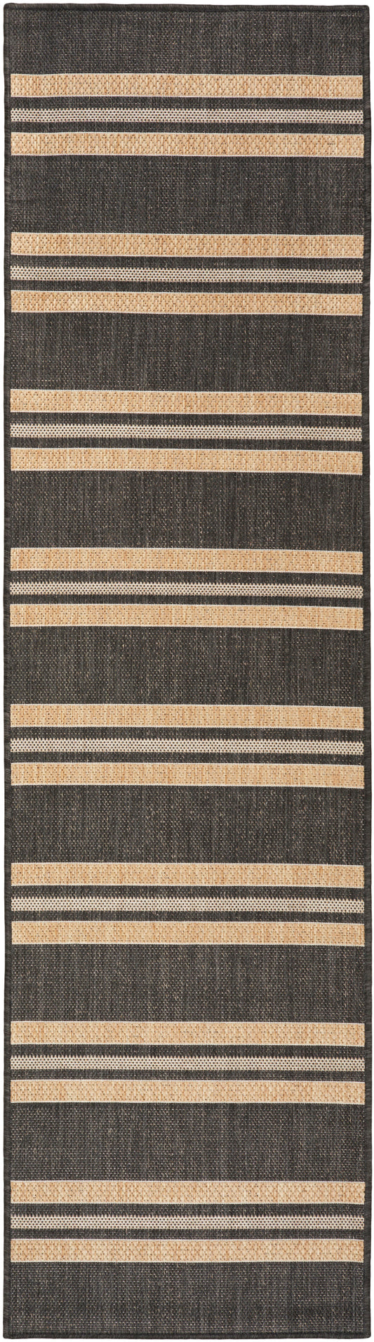 Long charcoal gray flat-weave rug with beige striped bands and woven texture, modern casual decor.
