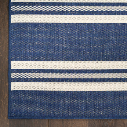 Denim-blue woven runner rug with bold white horizontal stripes, textured fabric; ideal for living room decor.