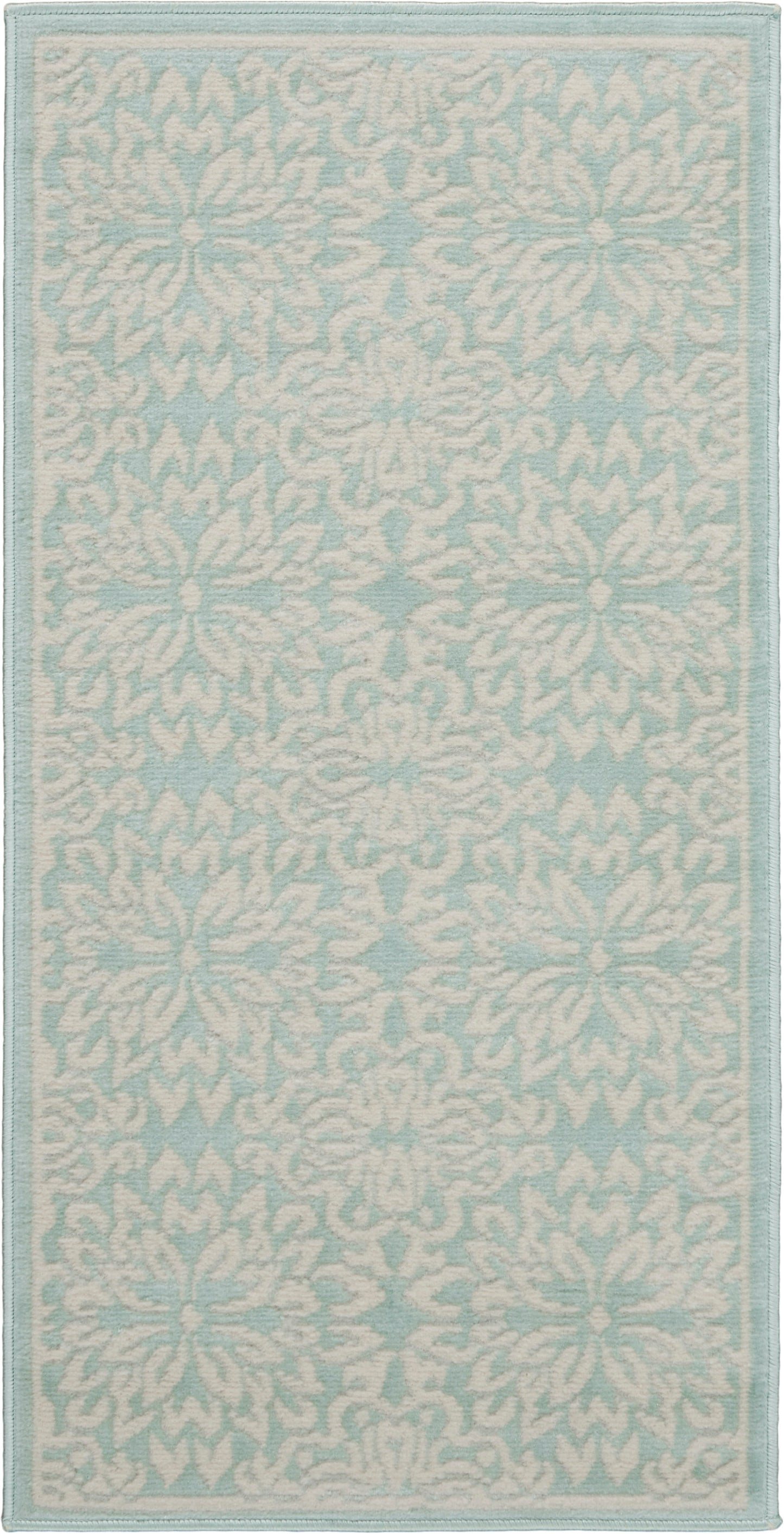 Rectangular light blue rug runner with white damask floral pattern and pale teal border.
