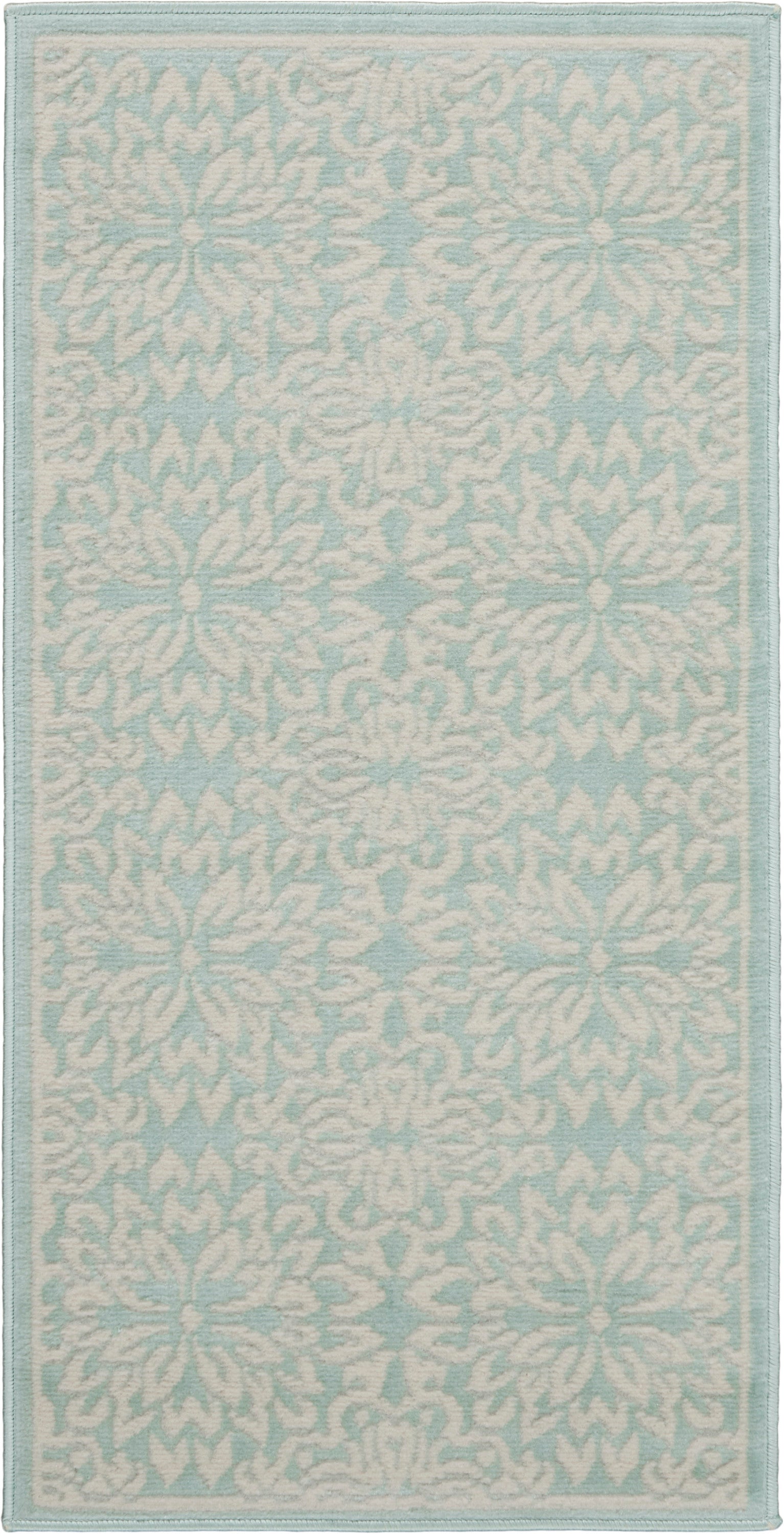 Rectangular light blue rug runner with white damask floral pattern and pale teal border.