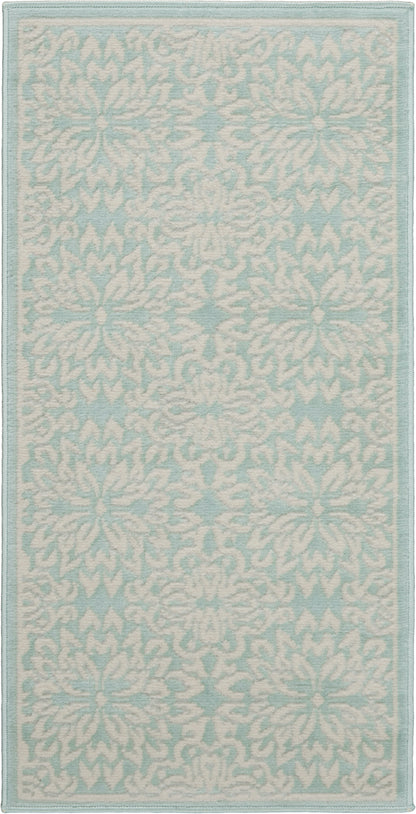 Rectangular light blue rug runner with white damask floral pattern and pale teal border.