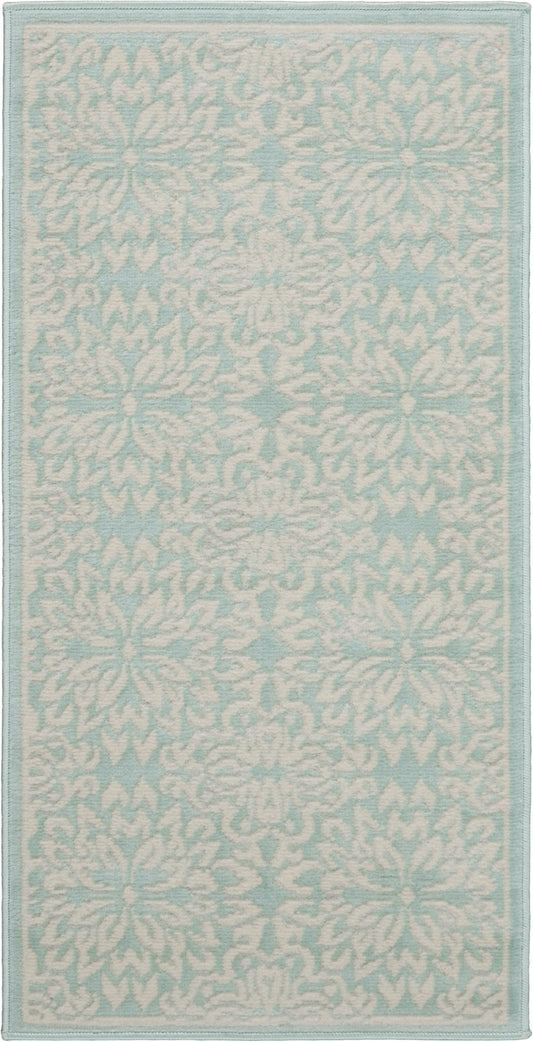 Rectangular light blue rug runner with white damask floral pattern and pale teal border.