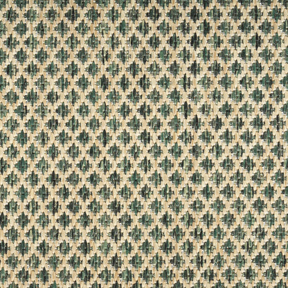 Beige woven fabric with small teal and navy diamond geometric pattern; jacquard-style upholstery textile.