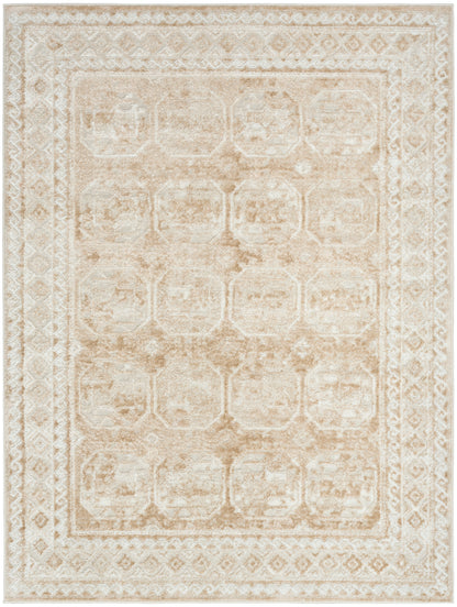 Beige cream oriental rug with a distressed look, featuring a grid of pale medallions and an ornate border.