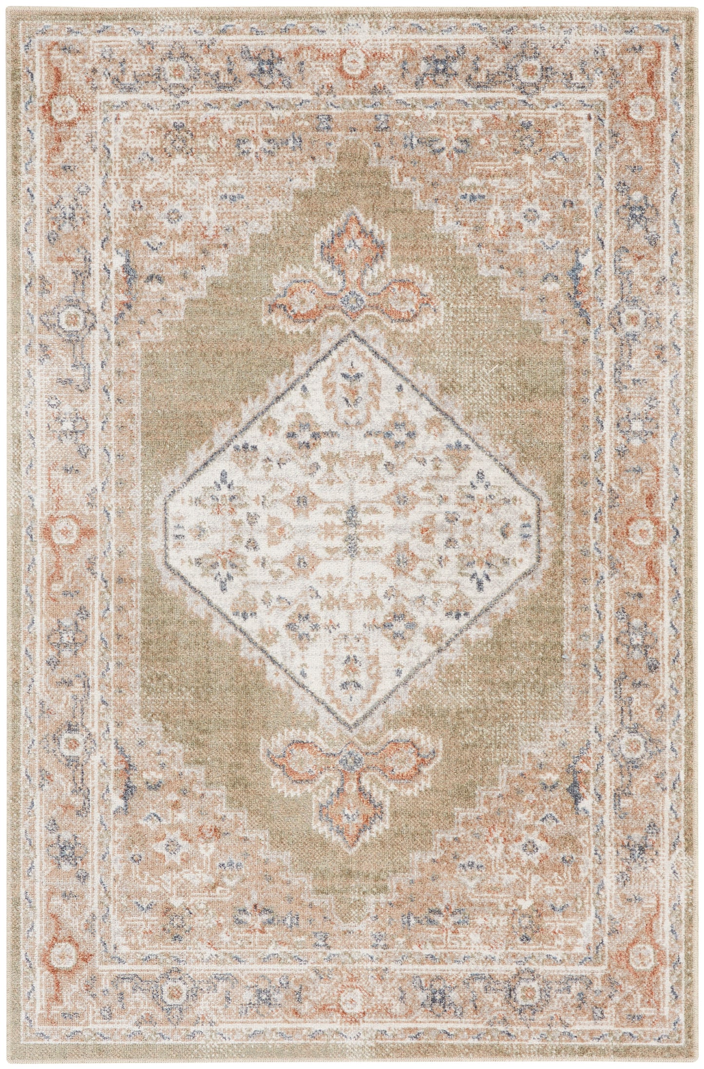 Soft beige and tan oriental rug with central diamond medallion, peach and light blue accents, intricate floral border.