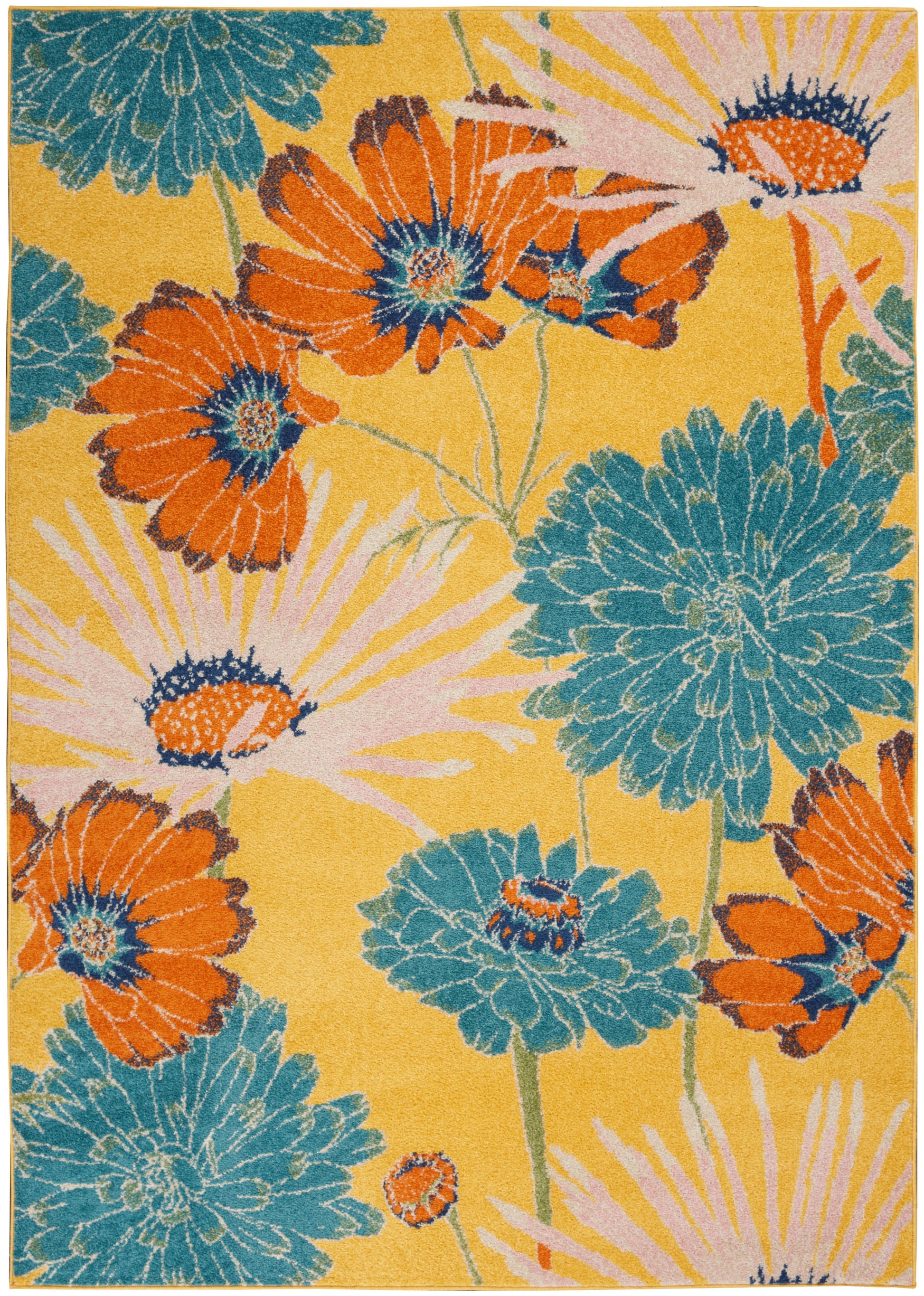 Rectangular bright yellow floral area rug with blue-green blooms and orange flowers in a bold garden print.
