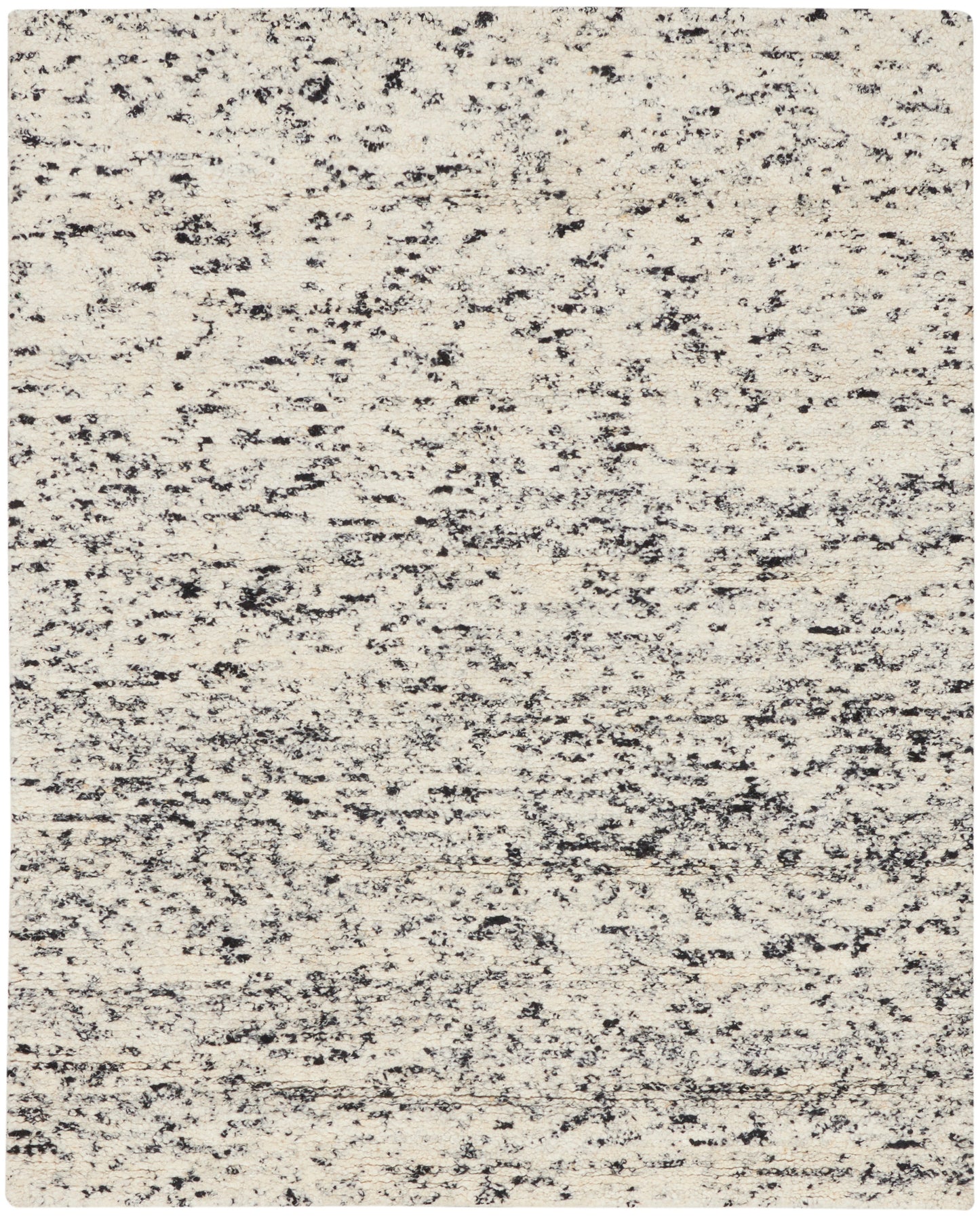 Beige rug with charcoal speckled abstract pattern; low-pile rectangular area rug for living room.