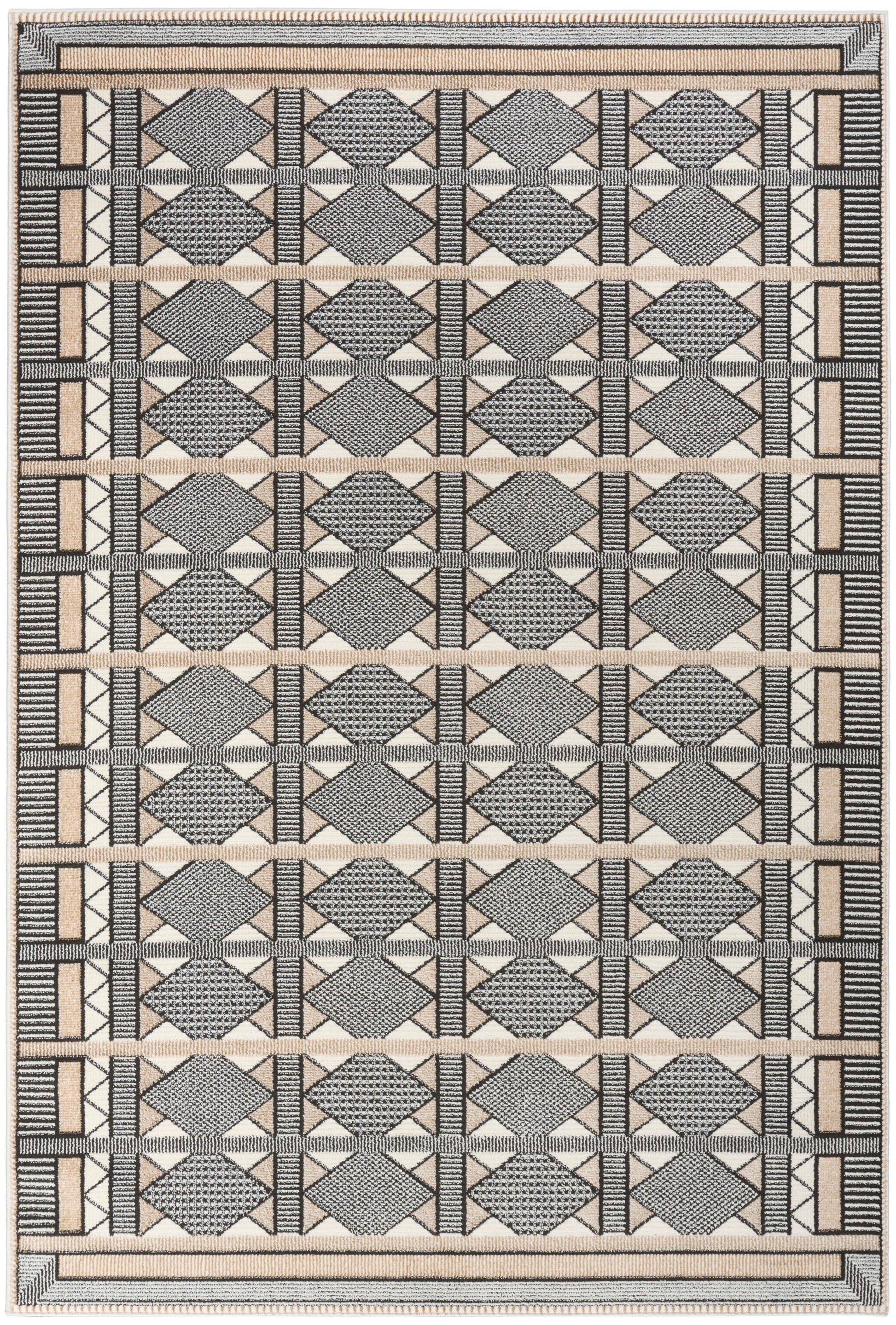 Rectangular woven rug with beige base, gray diamond motifs, black outlines, & striped border in neutral tones.