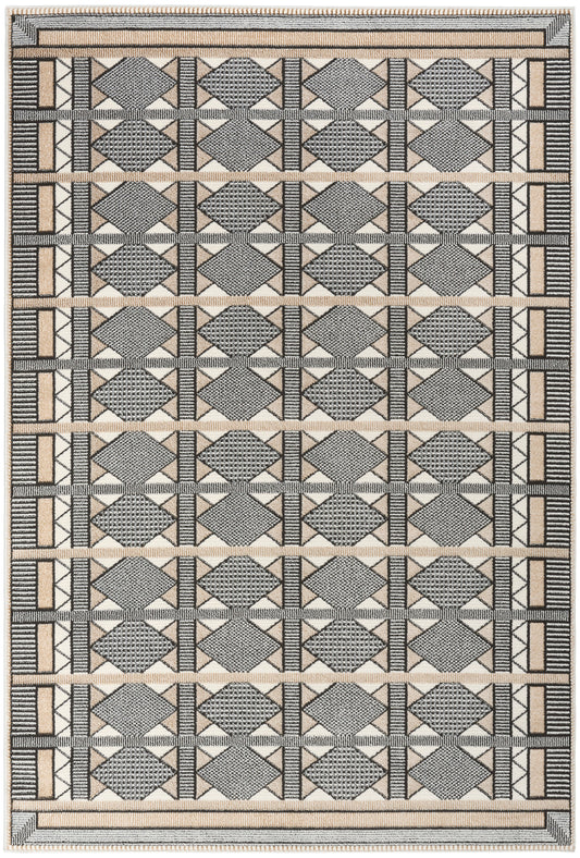 Rectangular woven rug with beige base, gray diamond motifs, black outlines, & striped border in neutral tones.