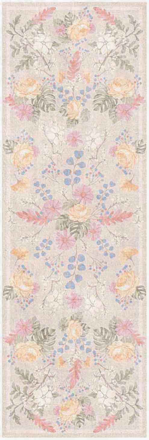 Pastel floral runner rug on beige background with pink/peach roses, lavender sprigs and green ferns; long rectangular.