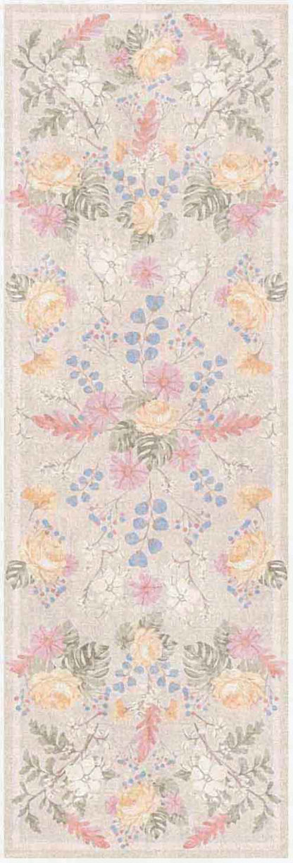 Pastel floral runner rug on beige background with pink/peach roses, lavender sprigs and green ferns; long rectangular.
