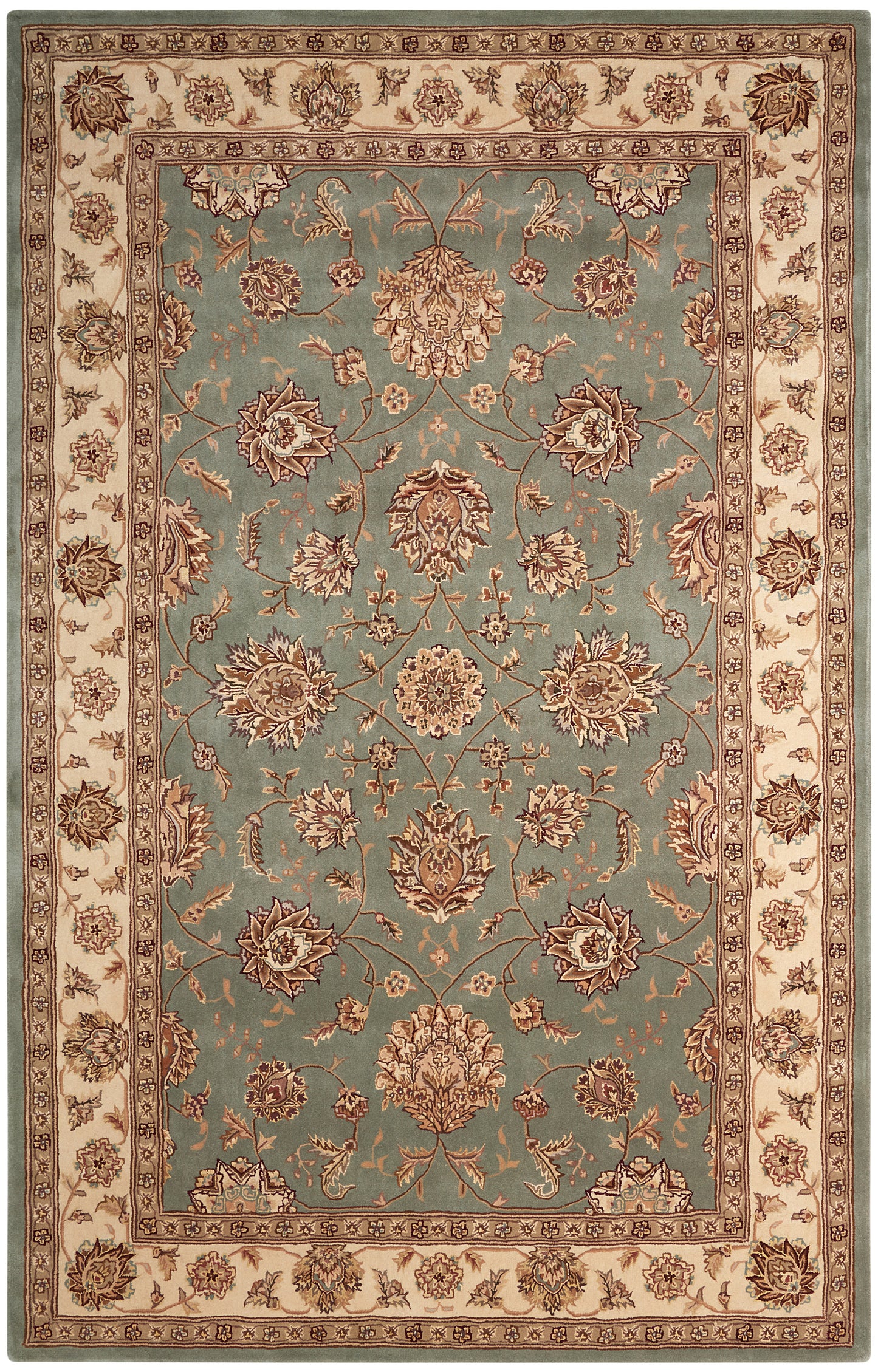 Rectangular Persian-style area rug with teal center, cream border and brown floral motifs.