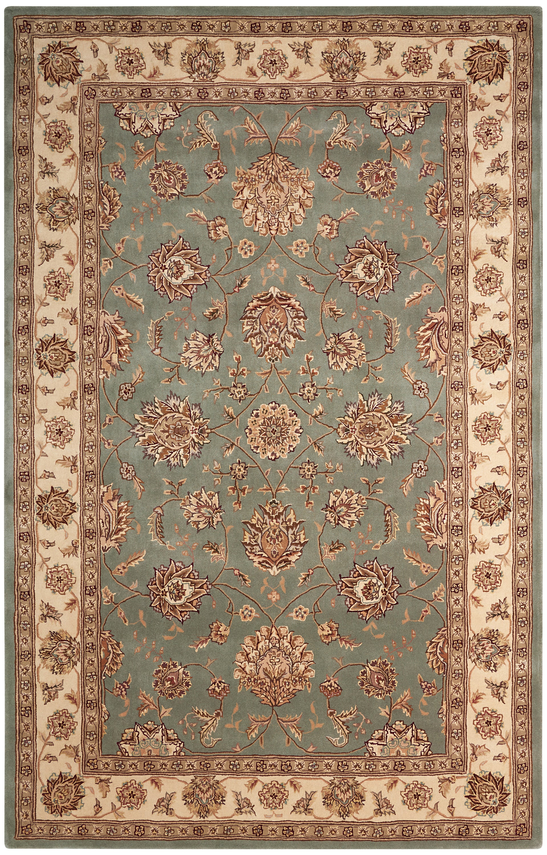 Rectangular Persian-style area rug with teal center, cream border and brown floral motifs.